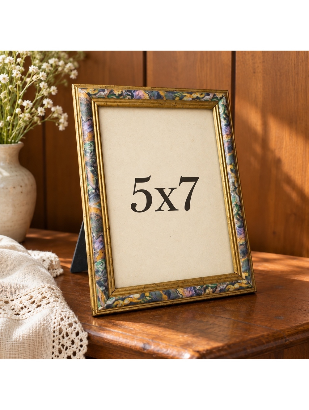 Vintage 5x7 Picture Frame with Colorful Floral Border and Gold Trim